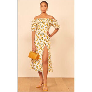 Reformation Marley Linen Off The Shoulder Midi Dress Lemonade Yellow Size 4